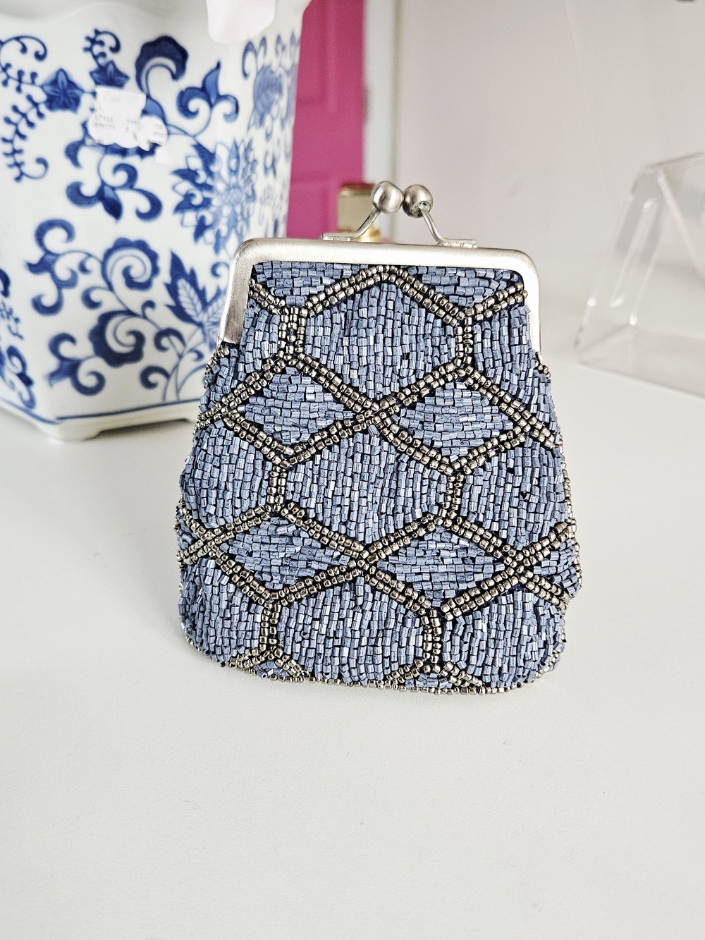 Vintage Beaded Kiss-Lock Coin Purse - Light Blue Made In India